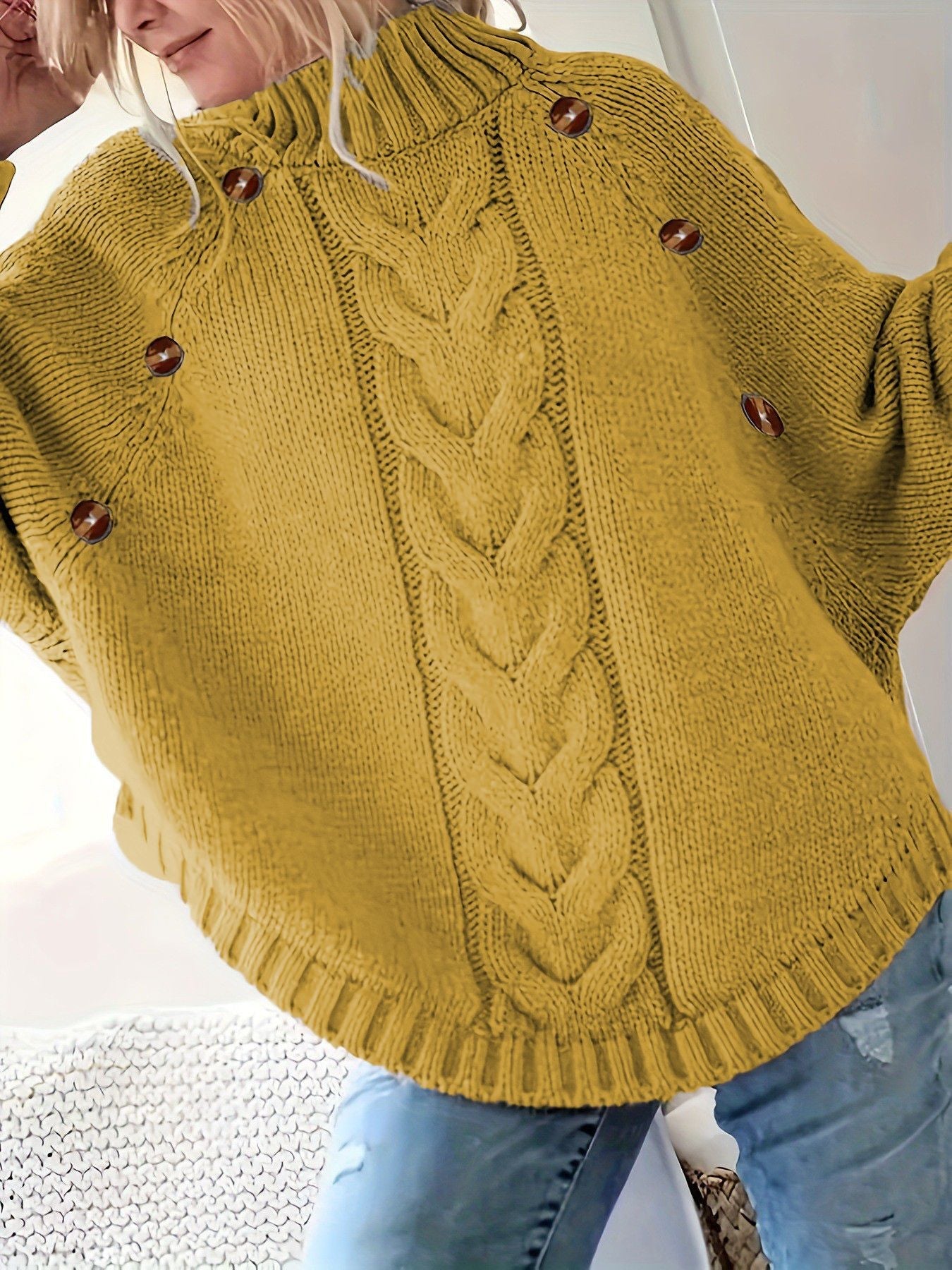 Damen Oversized Strickpullover mit Hochkragen und dekorativen Knopfdetails Amawinc