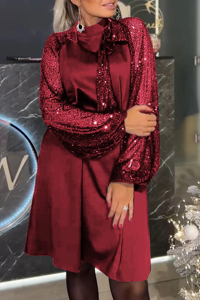 Damen Elegantes Kleid mit glitzernden Ärmeln und festlichem Kragen Amawinc