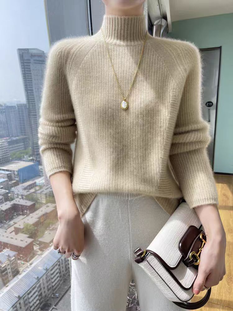 Damen Strickpullover mit hohem Kragen und feiner Rippstruktur Amawinc