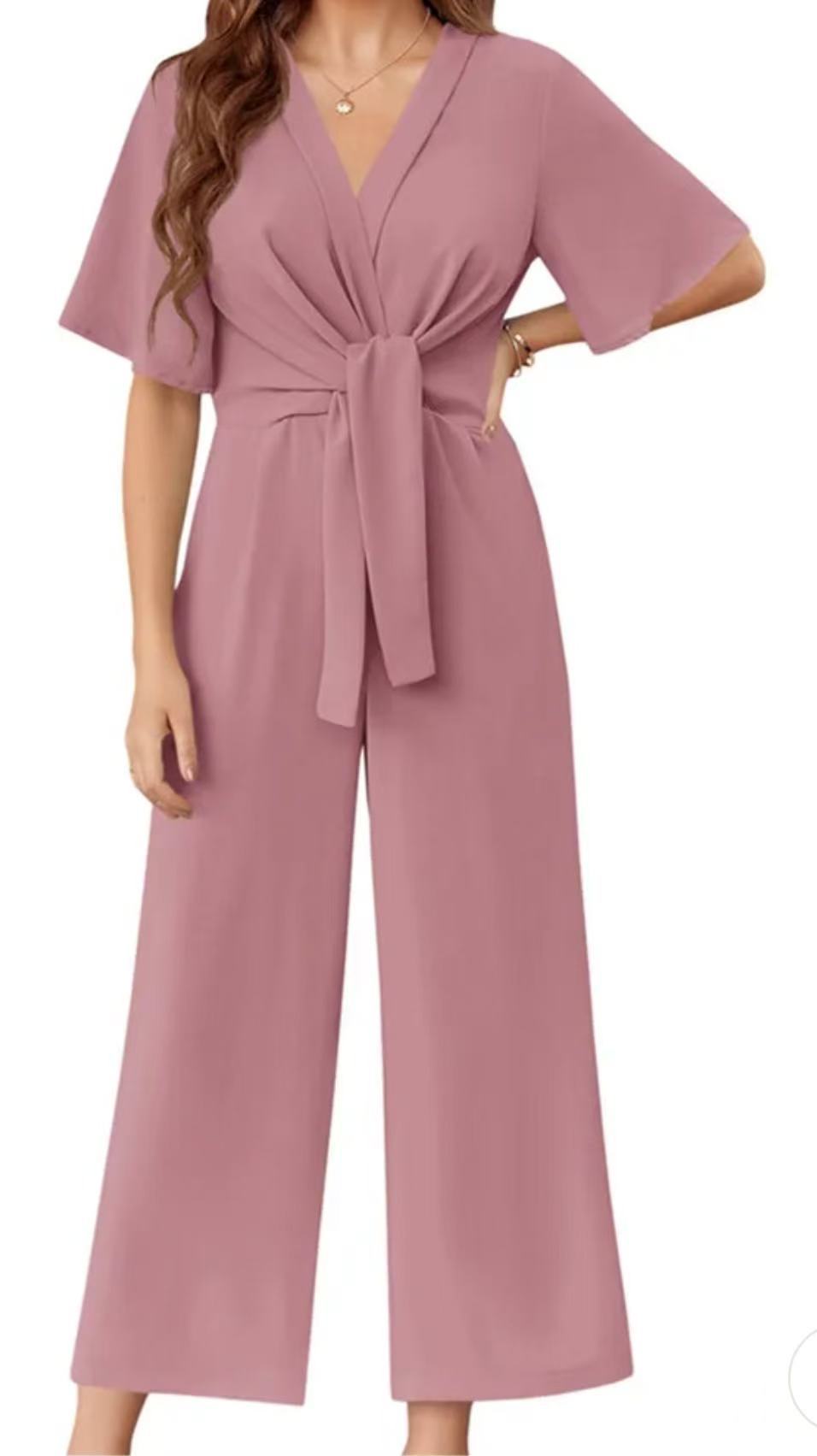 Damen eleganter Wickel-Jumpsuit mit weiten Beinen und Taillengürtel Amawinc