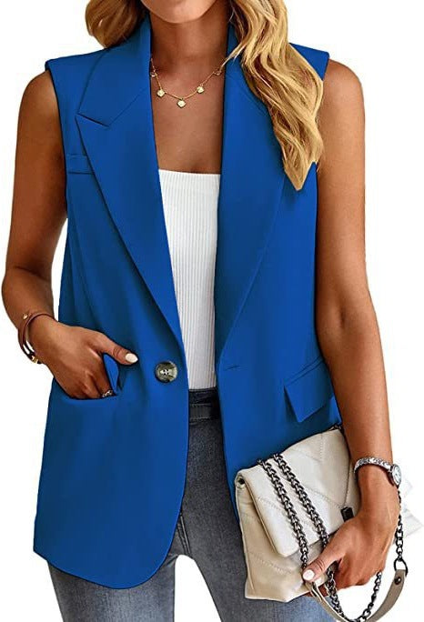 Gilet Blazer Pour Femmes À Coupe Ajustée Sans Manches Avec Revers À Encoches Bouton Unique Et Poches