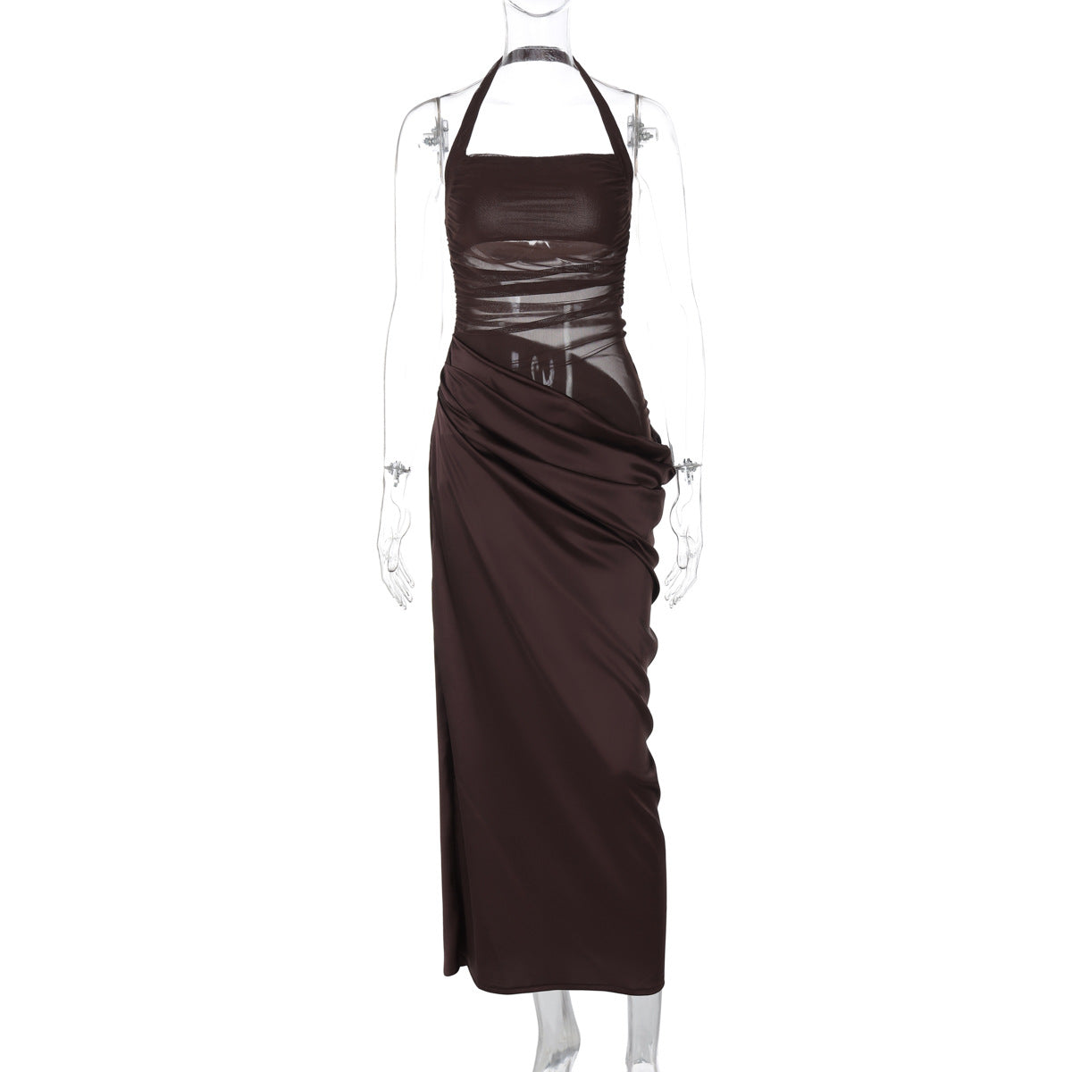 Robe Maxi Femme Bodycon Col Halter Avec Panneaux Maille Pour Soirée Élégante Glamour Moderne
