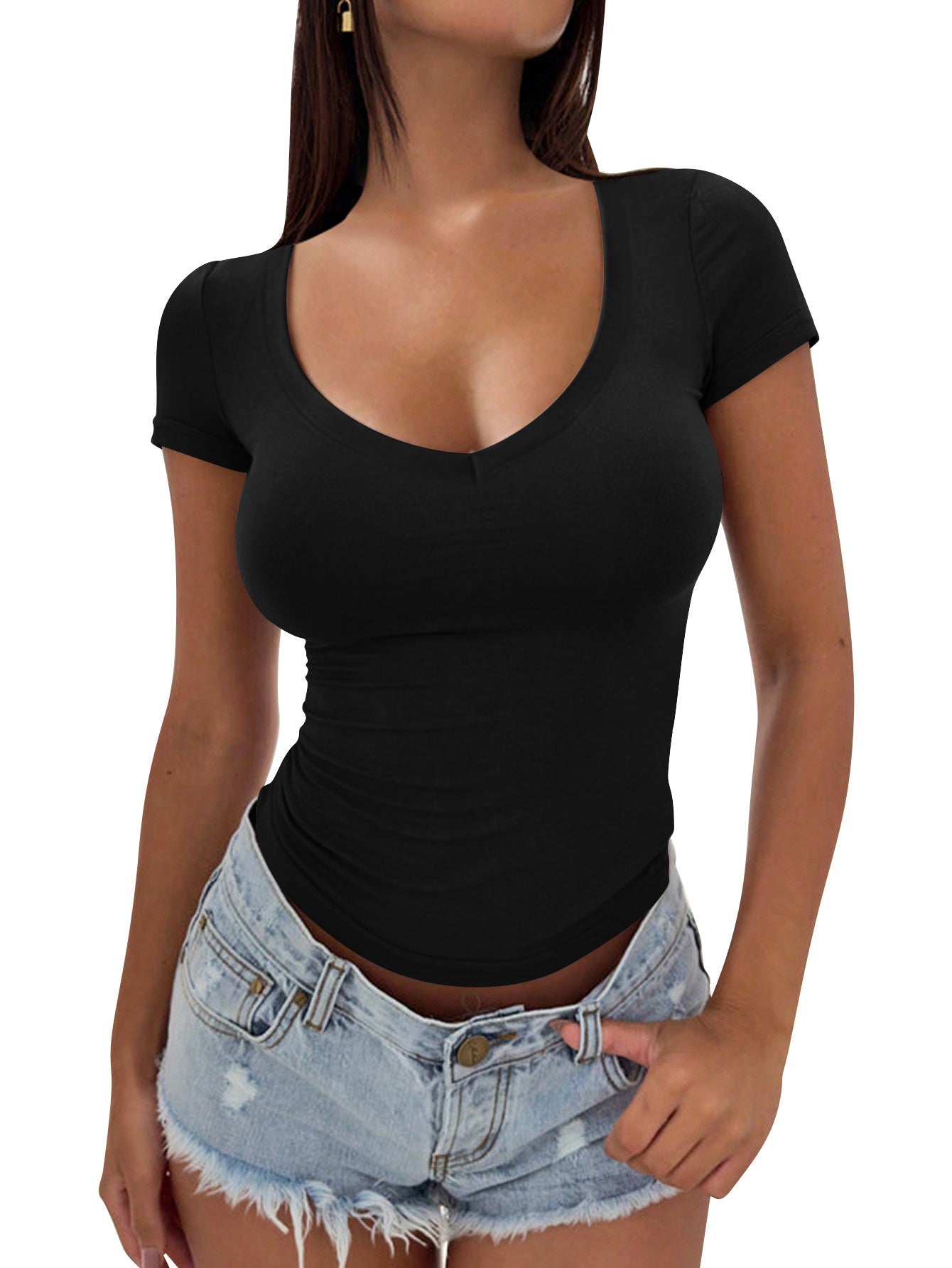 Damen figurbetontes V-Ausschnitt T-Shirt aus weichem Stretchmaterial Amawinc