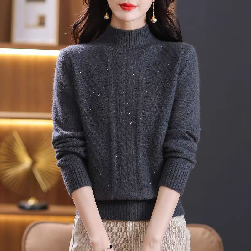 Damen Strickpullover mit Rippenstruktur und hochgeschlossenem Kragen Amawinc