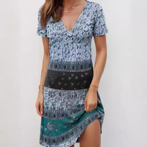 Robe Décontractée Pour Femme En Coton Patchwork Bohème Encolure En V Profonde Manches Courtes
