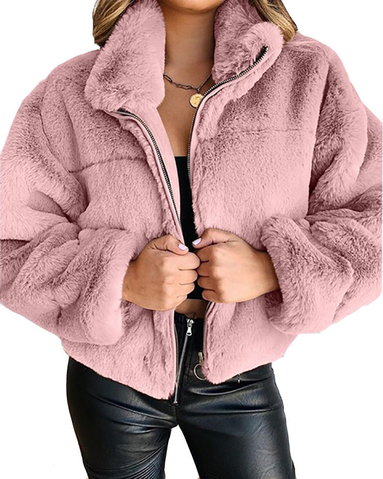 Damen Flauschige Trendjacke mit hohem Kragen Amawinc