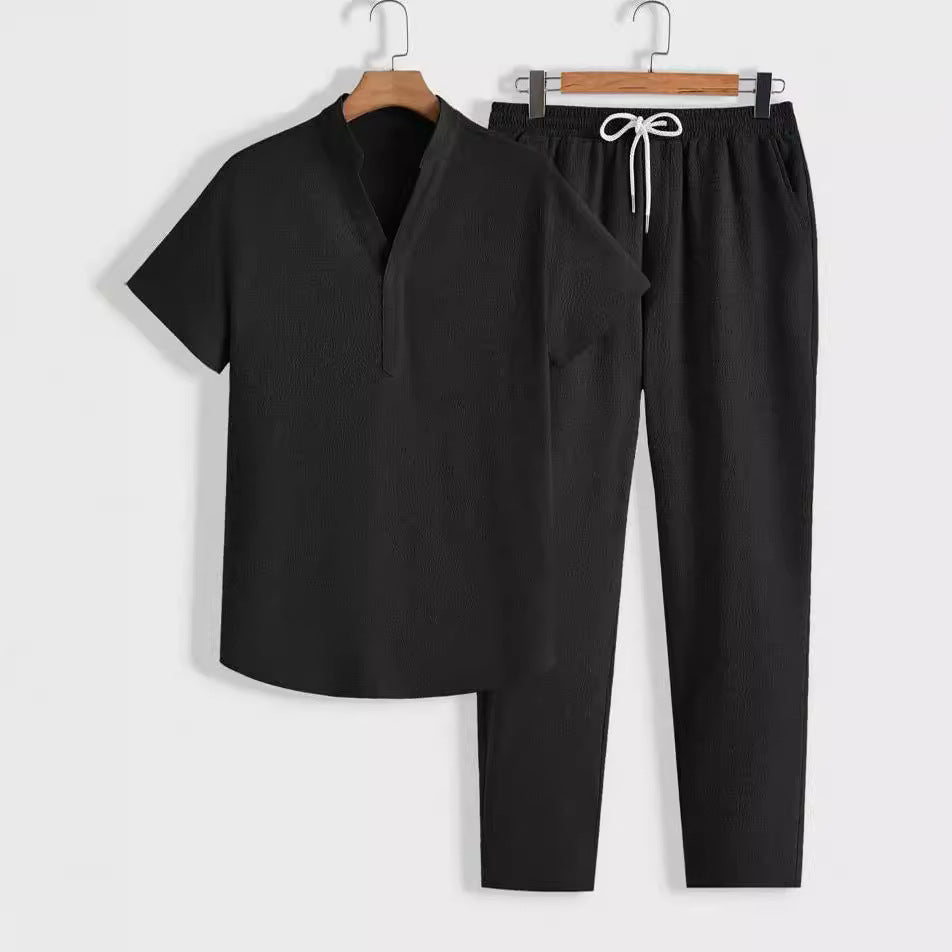 Amawinc Ensemble Deux Pièces Pour Homme Haut Manches Courtes Col En V Pantalon Cordon Coupe Décontractée Tenue Lounge