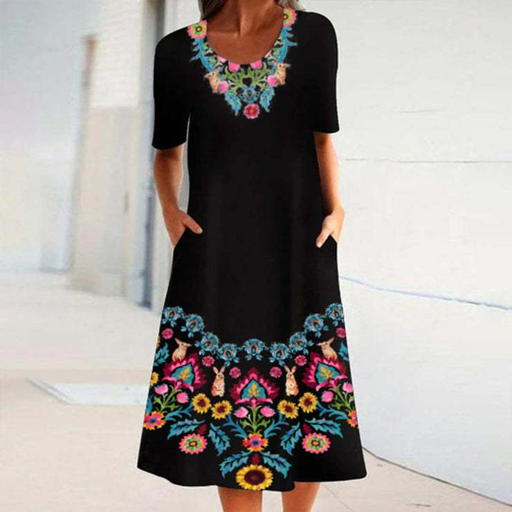 Fudus Damen Kurzarm-Kleid mit Rundhalsausschnitt und lässigem Print
