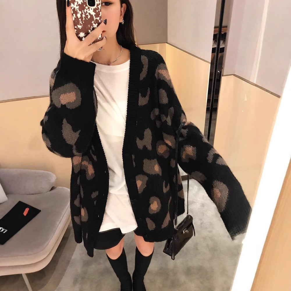 Damen gemütliche Strickjacke mit einzigartigem Leopardenmuster Amawinc