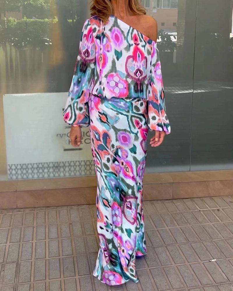 Damen Elegantes Maxikleid im grafischen Batikdesign mit Off-Shoulder-Ausschnitt und voluminösen Ärmeln Amawinc
