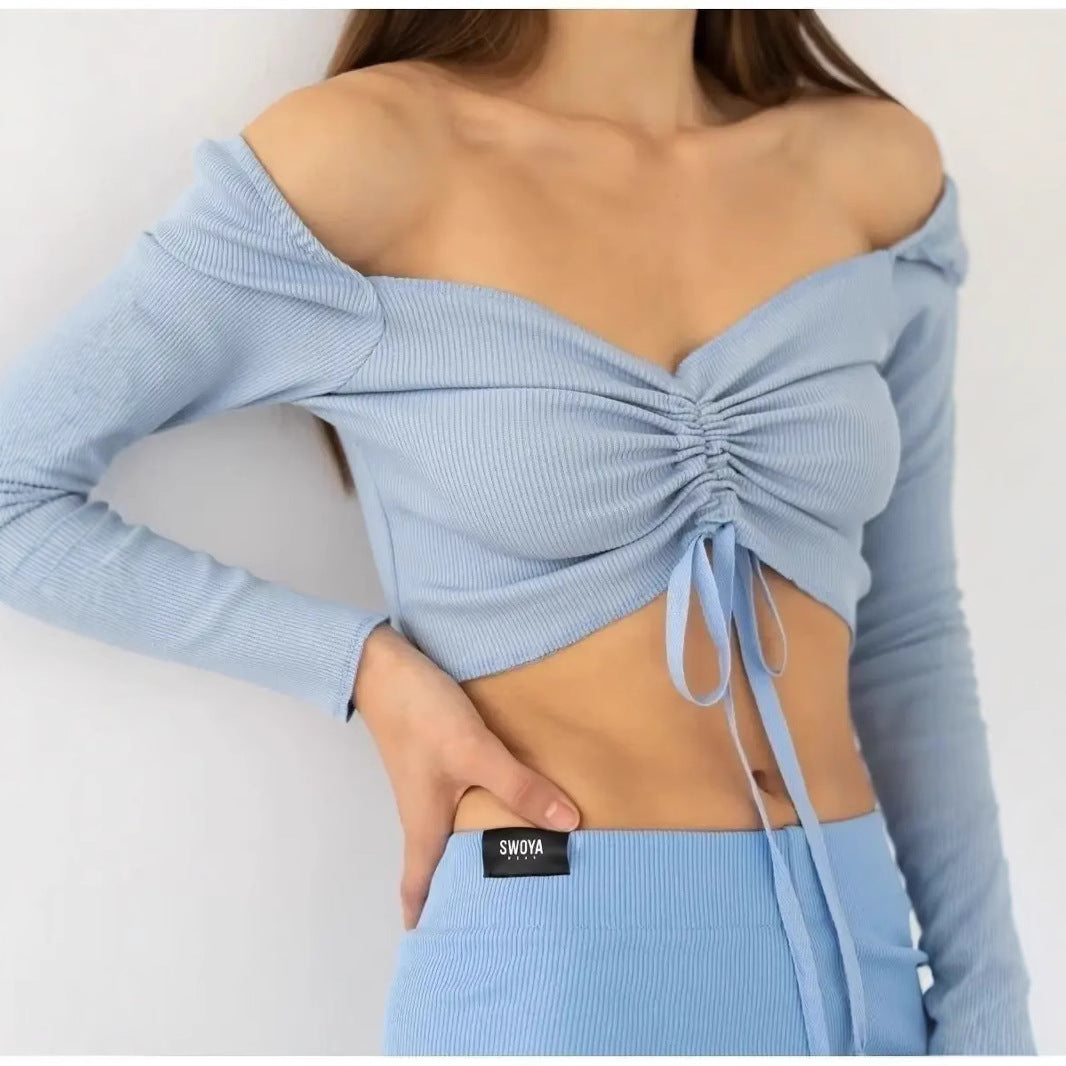 Blouse Courte Femme Encolure en V Maille Côtelée Manches Longues Slim Fit à Nouer Devant Nordic Flair