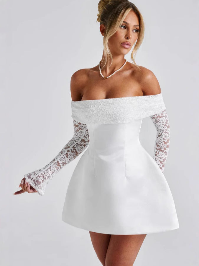 Damen Off-Shoulder Kleid mit floralen Spitzenärmeln und schwingendem Rock Amawinc