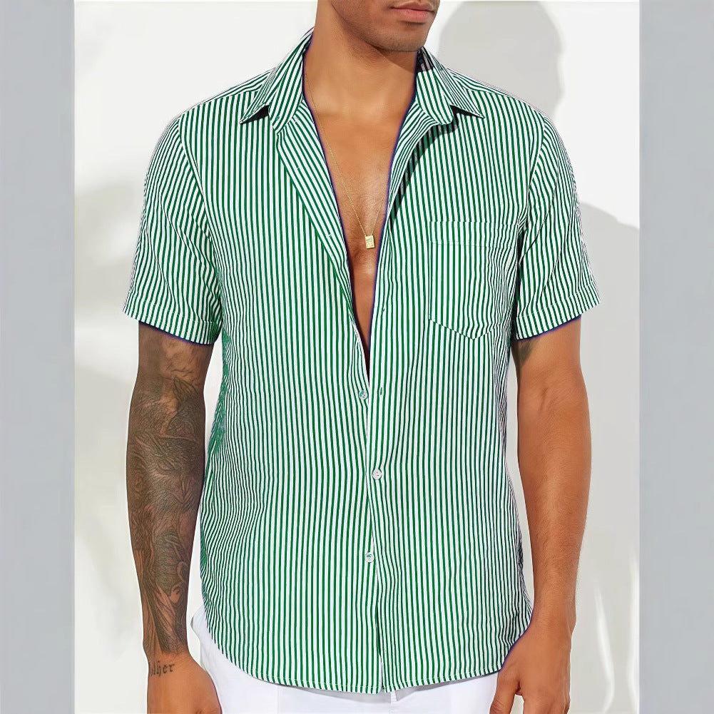 Chemise Homme À Rayures En Mélange De Coton Manches Courtes Coupe Décontractée Pour Style Quotidien