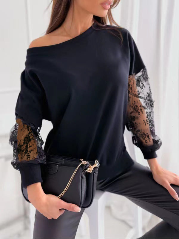 Damen eleganter Pullover mit transparenten Spitzenärmeln und asymmetrischem Ausschnitt Amawinc