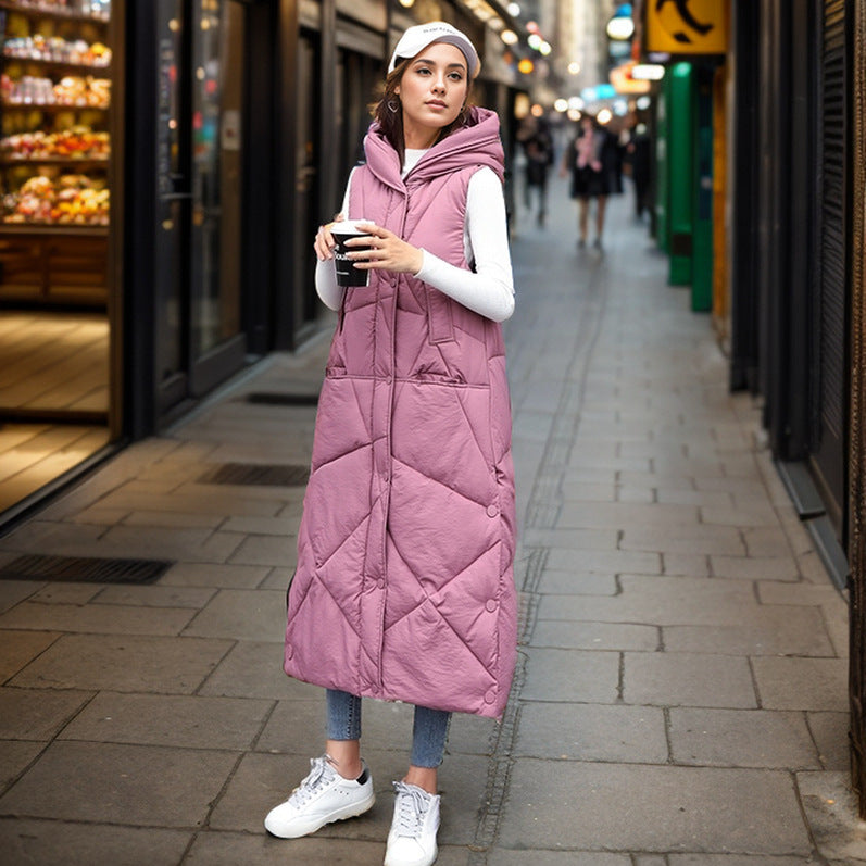 Damen gesteppte lange Weste mit isolierender Kapuze und praktischen Taschen Amawinc