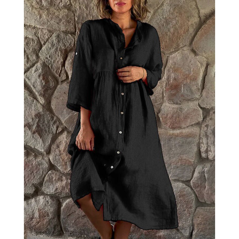 Elegantes, unifarbenes, knielanges Kleid mit Stehkragen und Knopfleiste von Fudus