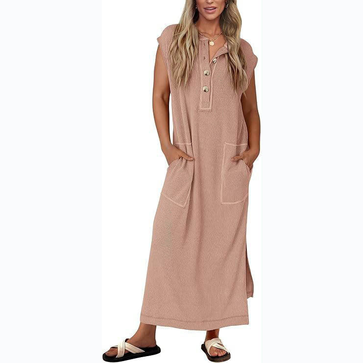 Robe Maxi Femme Coupe Décontractée Tissu Coton Lin Poches Latérales Manches Courtes