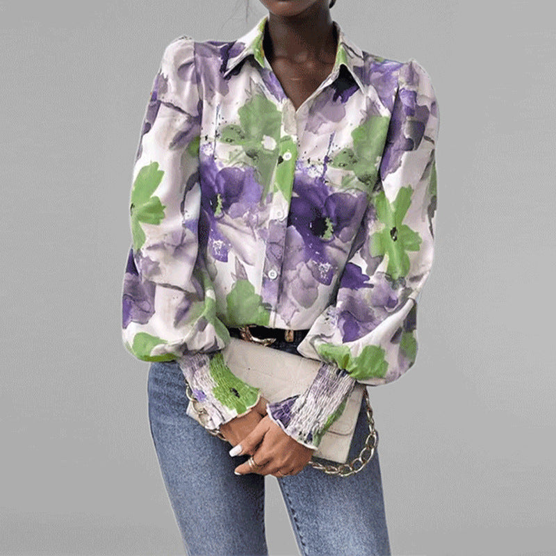 Chemise Femme Oversize Imprimé Floral Manches Bouffantes Poignets Smockés Style Bohème