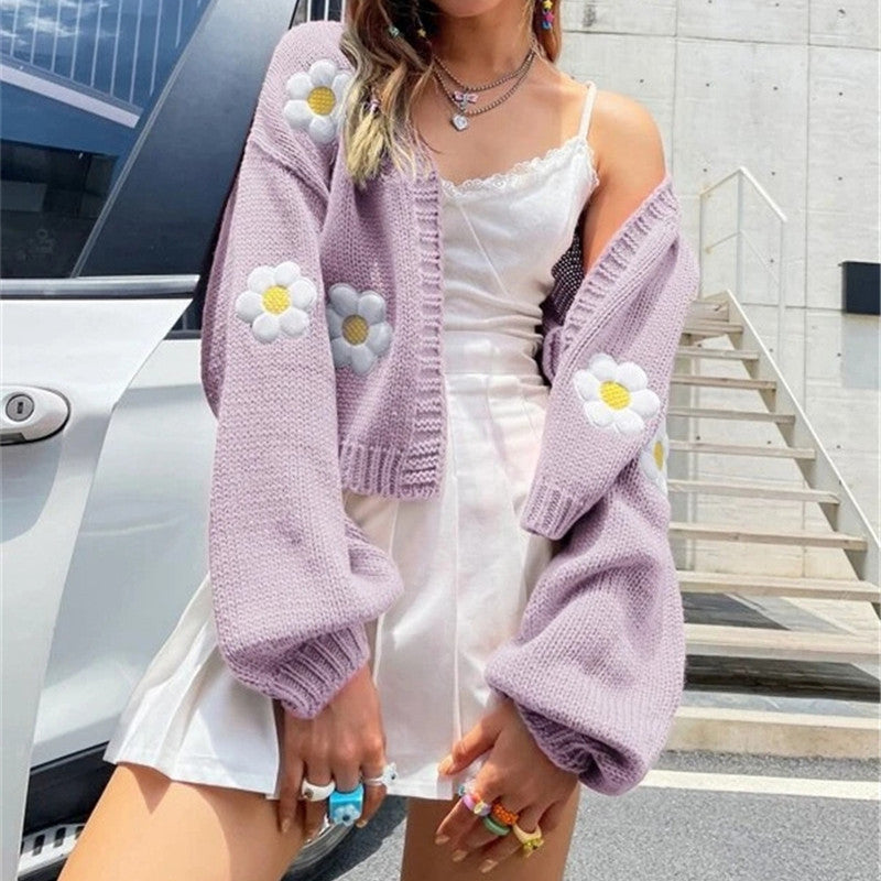 Damen Strickjacke mit floralen Applikationen und lockerer Passform Amawinc