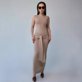 Robe Maxi Femme Coupe Bodycon Sans Manches Col Rond Ceinture Élégante Pour Toutes Les Occasions