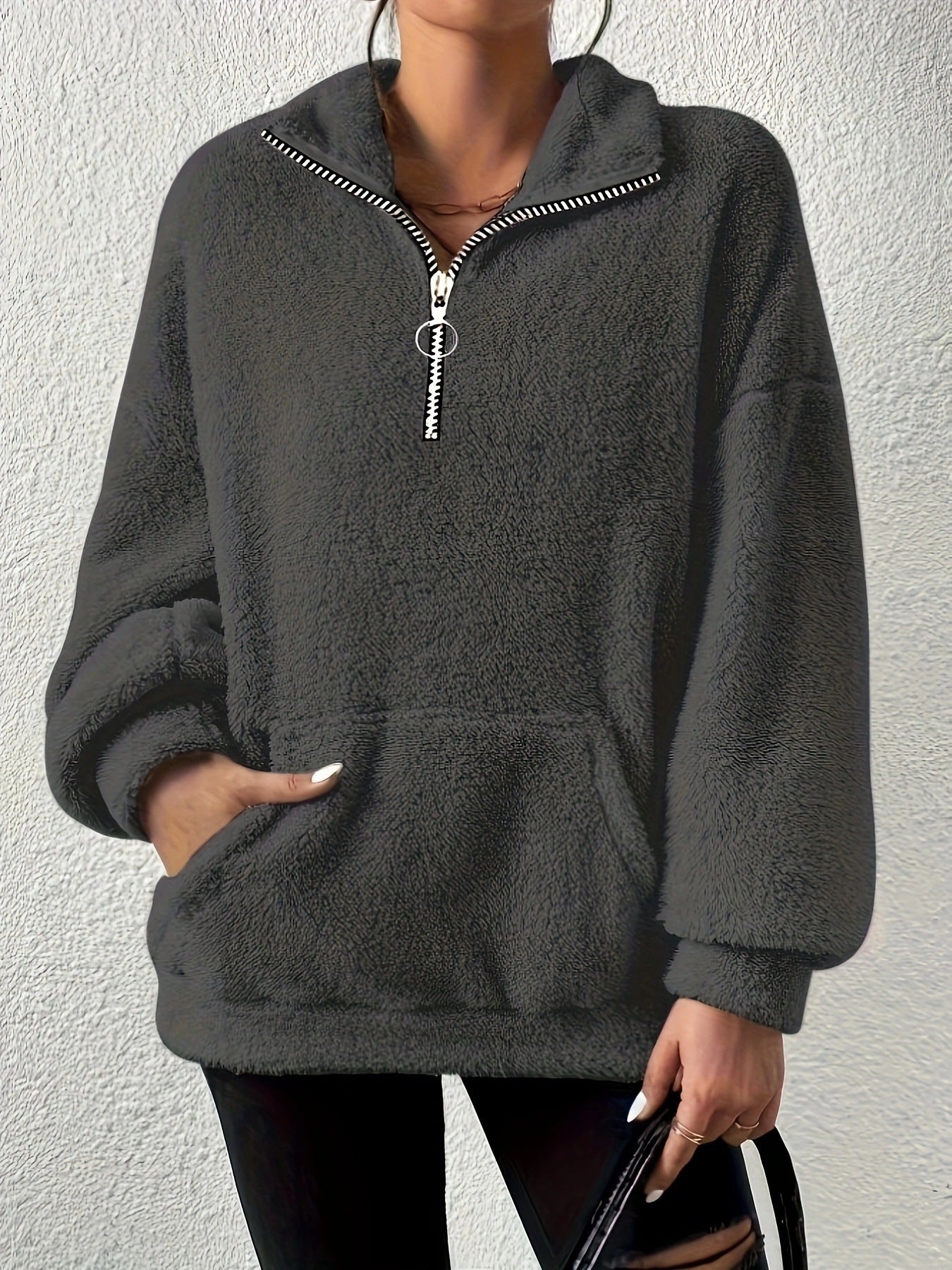 Damen kuscheliger Fleece-Pullover mit halbem Reißverschluss und Seitentaschen Amawinc