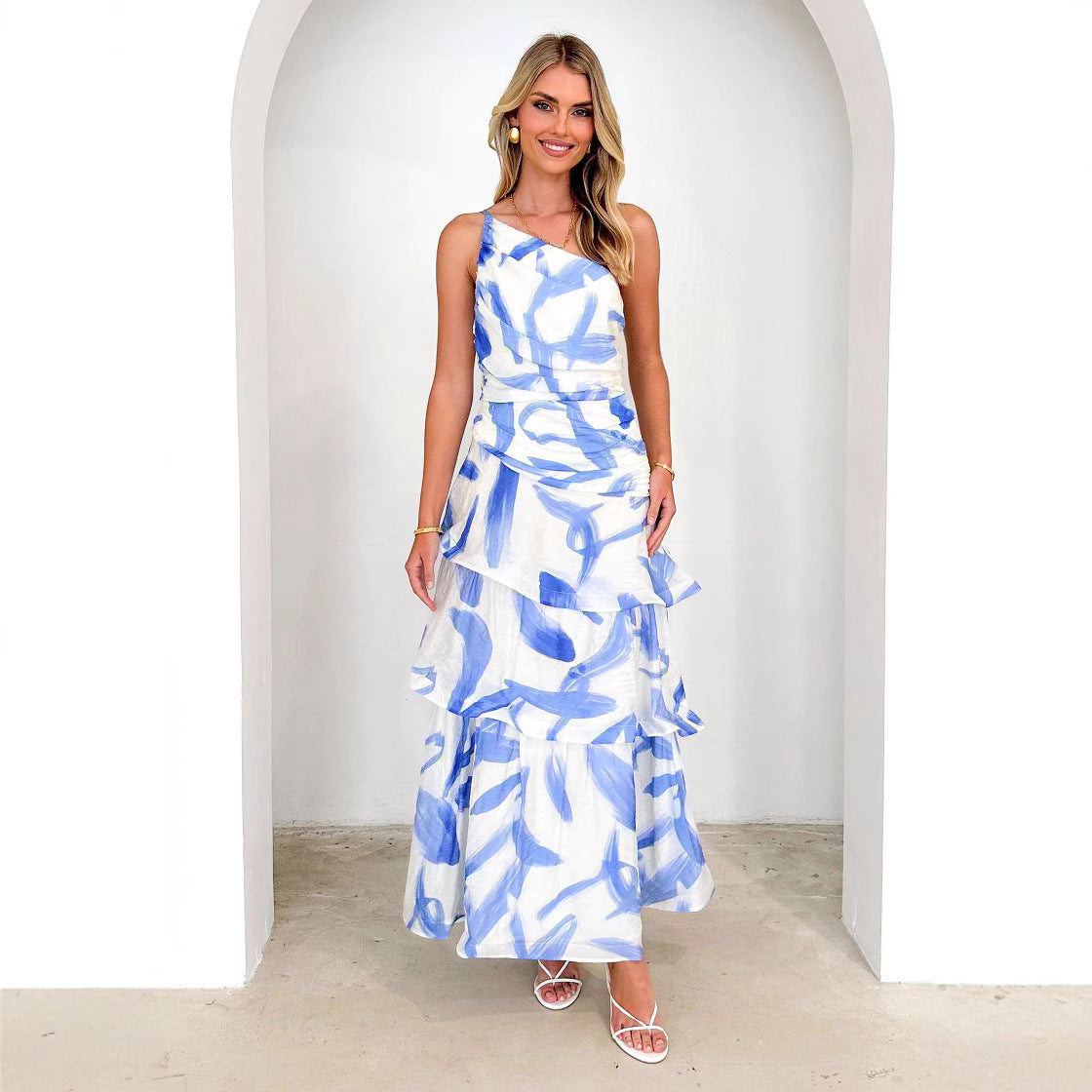 Amawinc Robe Maxi À Une Épaule Avec Corsage Froncé Et Jupe Évasée En Couches Pour Été Élégant Et Festif