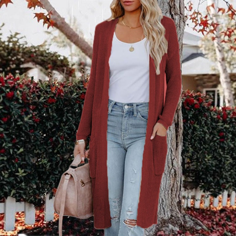 Damen langer Strickcardigan mit offenen Taschen und feinem Rippdesign Amawinc