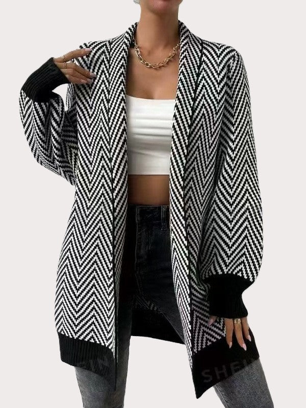 Women’s Open Front Cardigan - Long Sleeve - Geometric Pattern - Amawinc