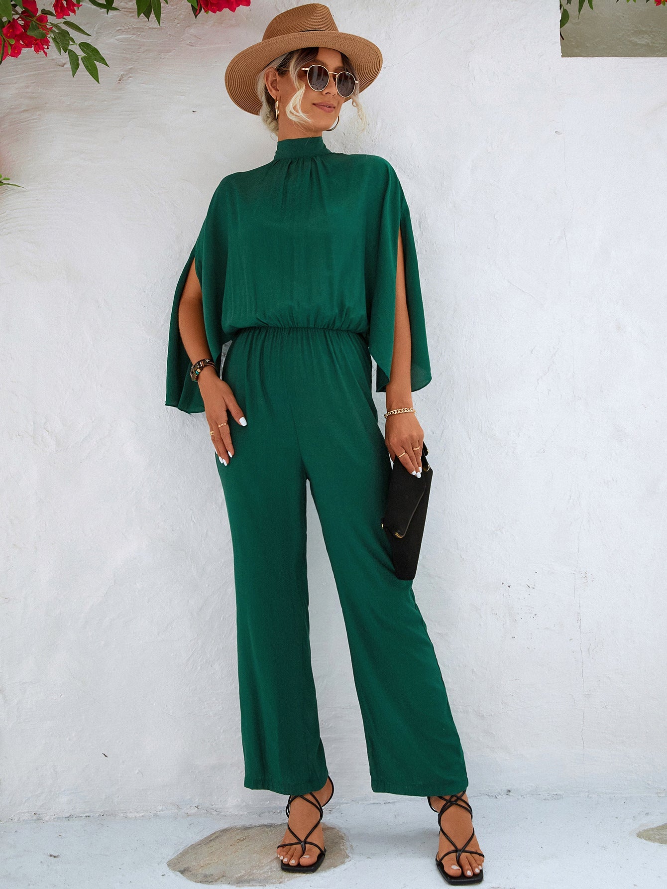 Damen Jumpsuit mit hohem Kragen und fließenden Ärmeln Amawinc