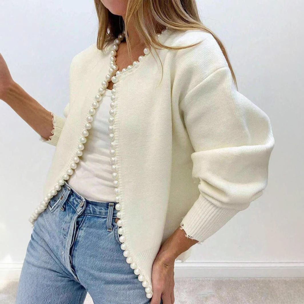 Cardigan Femme En Maille Douce À Boutons Perlés Devant, Manches Longues, Coupe Décontractée Pour Accessoiriser