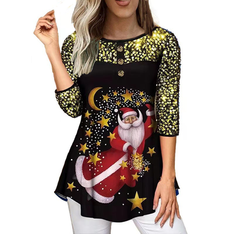 Fudus Festlicher Weihnachtsdruck: Lockerer Rundhals-Tee