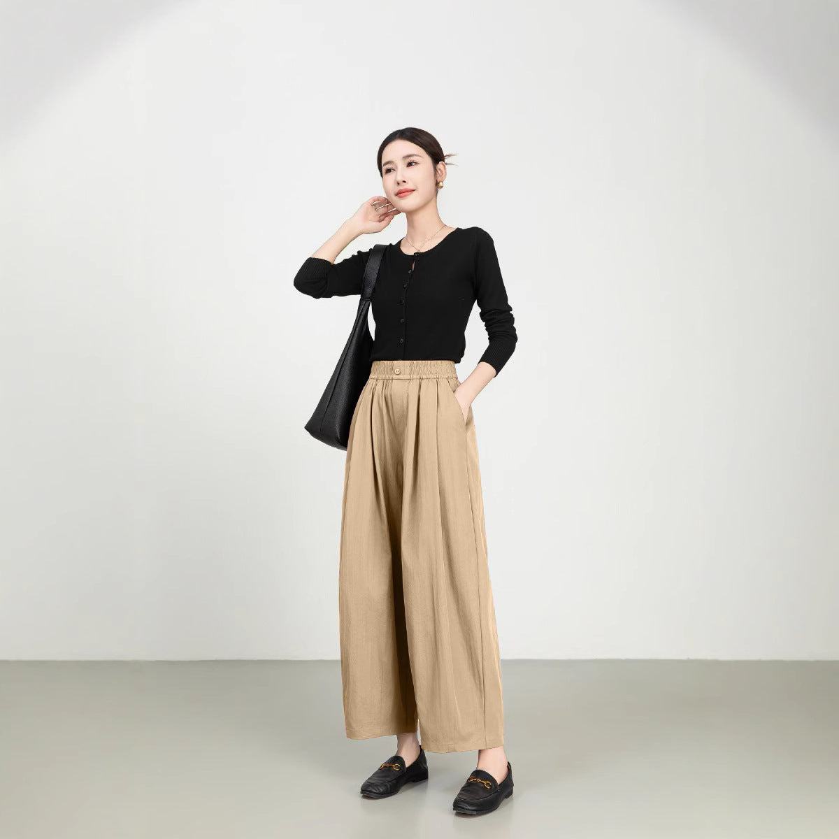 Pantalon Femme À Jambes Larges Taille Haute Élastique Twill Léger Coupe Décontractée Amawinc