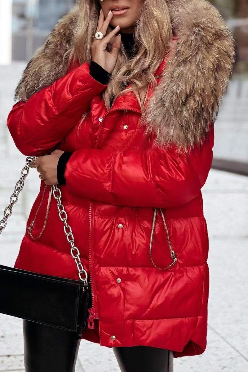 Damen Winterdaunenjacke mit abnehmbarer Kapuze und luxuriösem Fellkragen Amawinc