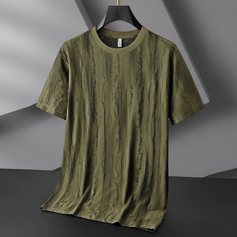 T Shirt Effet Distress Col Rond Manches Courtes Avec Rayures Verticales Texturées Et Coupe Décontractée
