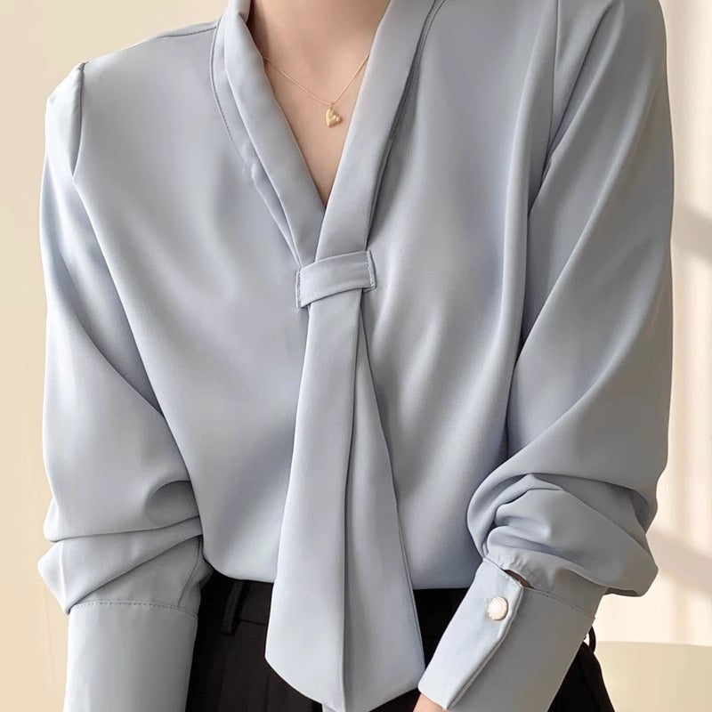 Blouse en Chiffon à Nœud Papillon Drapé et Col en V Pour Élégance Professionnelle Lavage en Machine