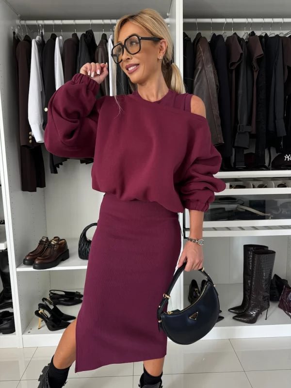 Damen modisches Sweatshirt und Midi-Rock Set Amawinc