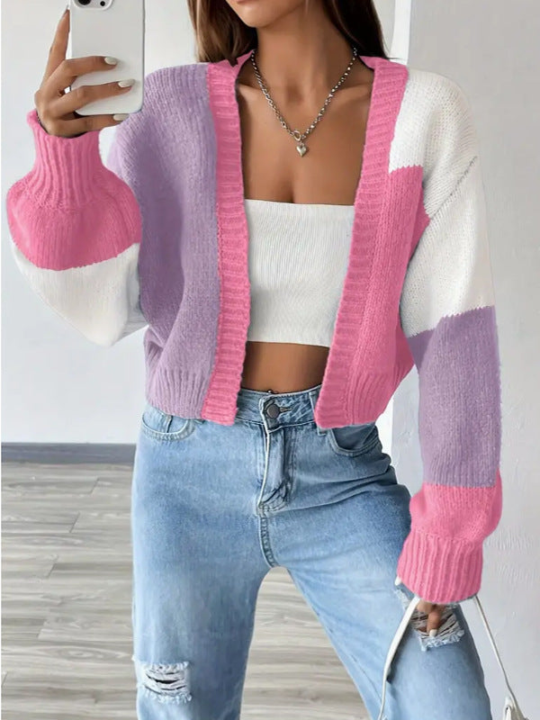 Cardigan Femme Maille Court V-Neck Motif Bloc Sophistiqué Style Décontracté Pour Toutes Saisons