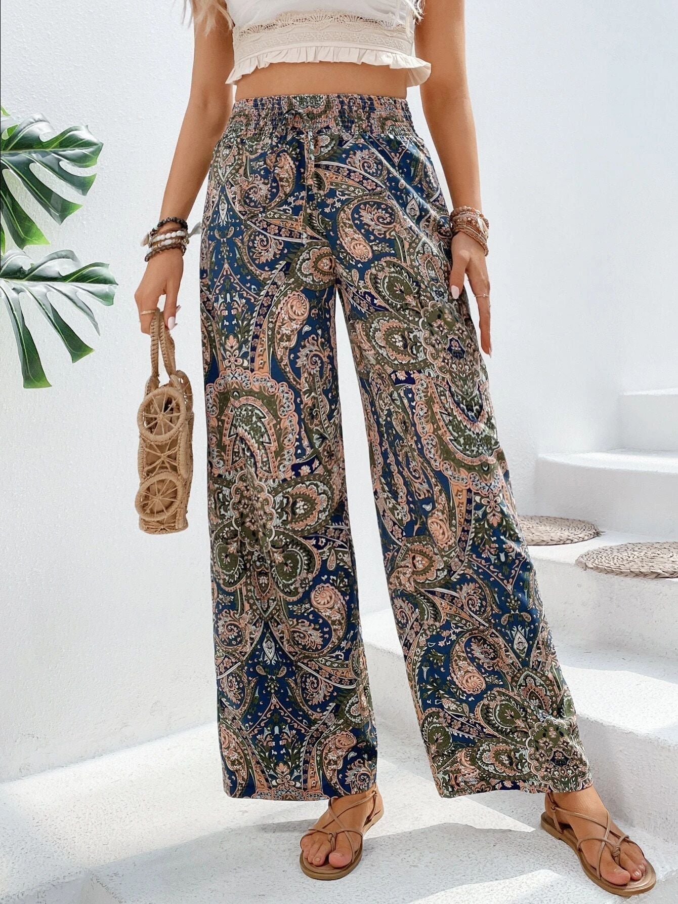 Pantalon Large À Jambe Évasée Pour Femme Coupe Décontractée Imprimé Boho Léger Drapé Et Taille Elastique