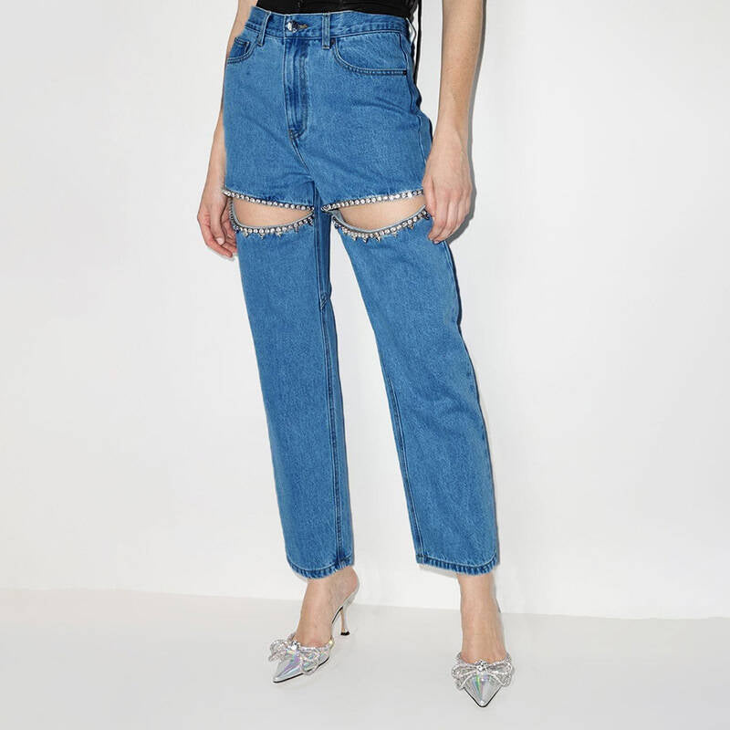 Damen Jeans mit dekorativen Cut-Outs und Strassverzierungen Amawinc