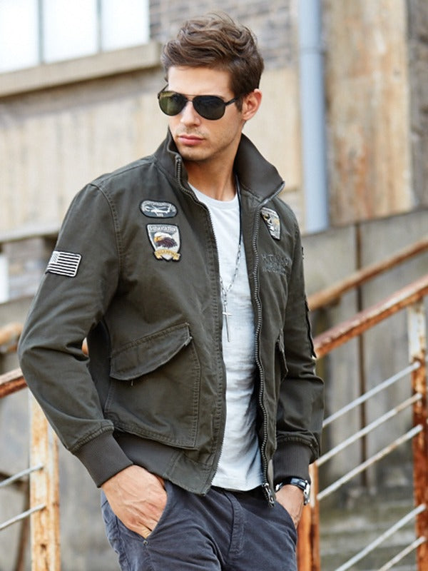 Amawinc Veste Bomber Homme Avec Patchs Col Debout Pochette Utilitaire Pour Tous Les Jours
