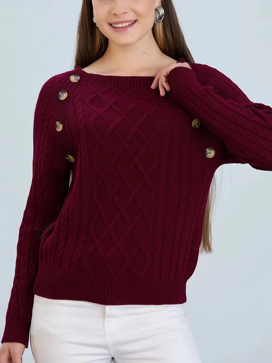 Damen Strickpullover mit klassischem Rautenmuster und dekorativen Knöpfen Amawinc