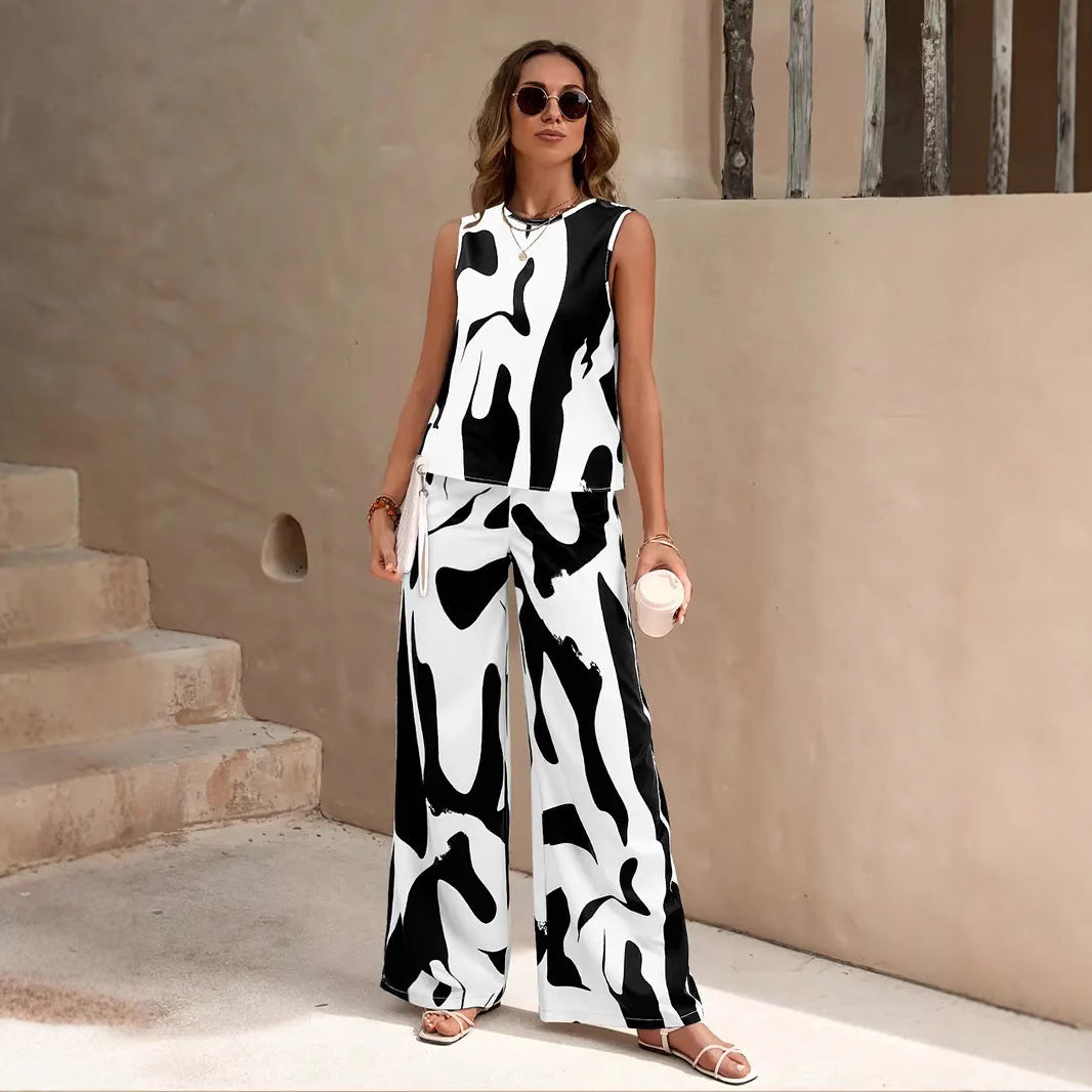 Ensemble Deux Pièces Femme Sans Manches Haut Respirant Et Pantalon Large Confortable