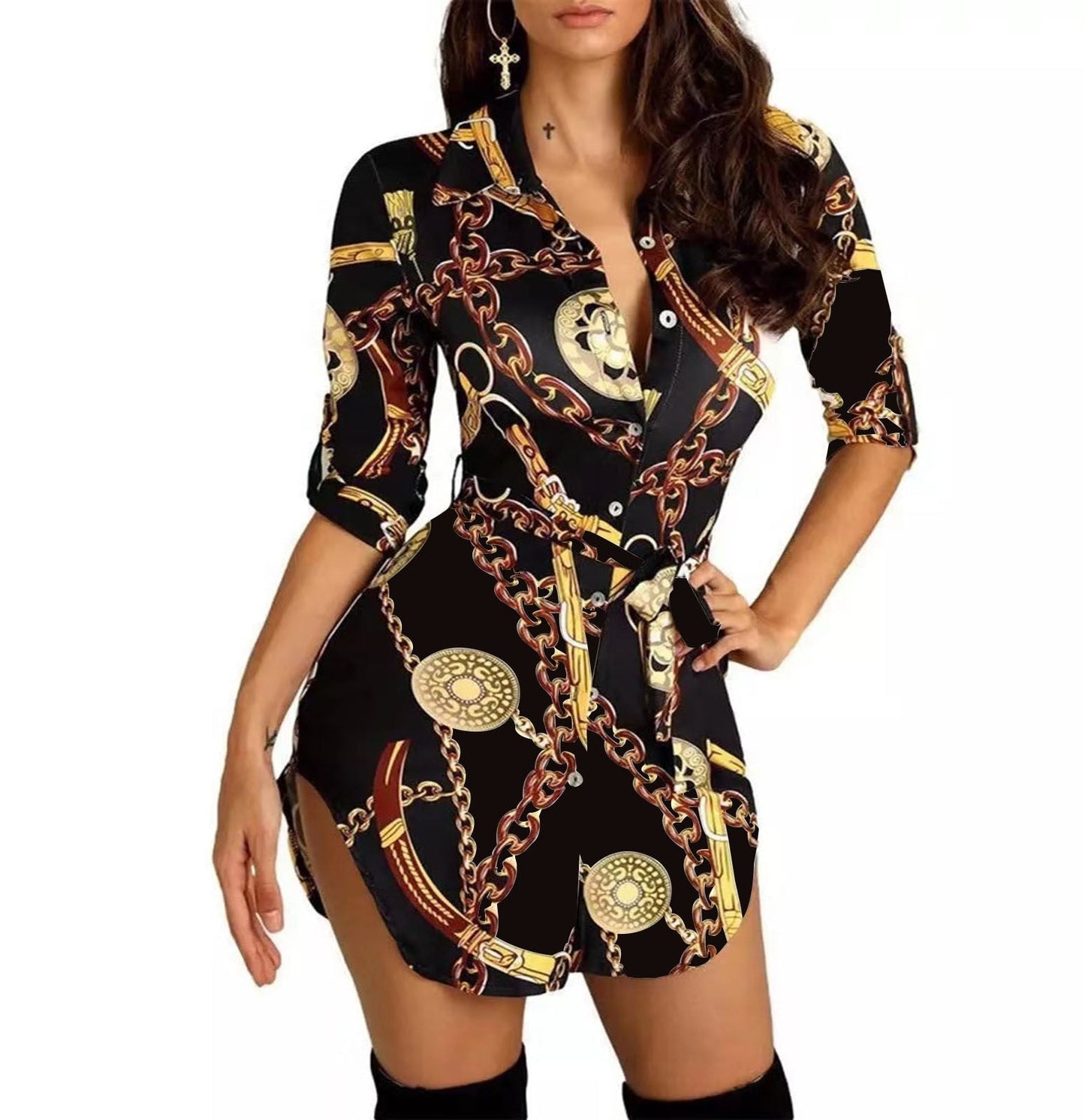 Fudus Elegantes Goldkettchen-Midikleid mit Druck