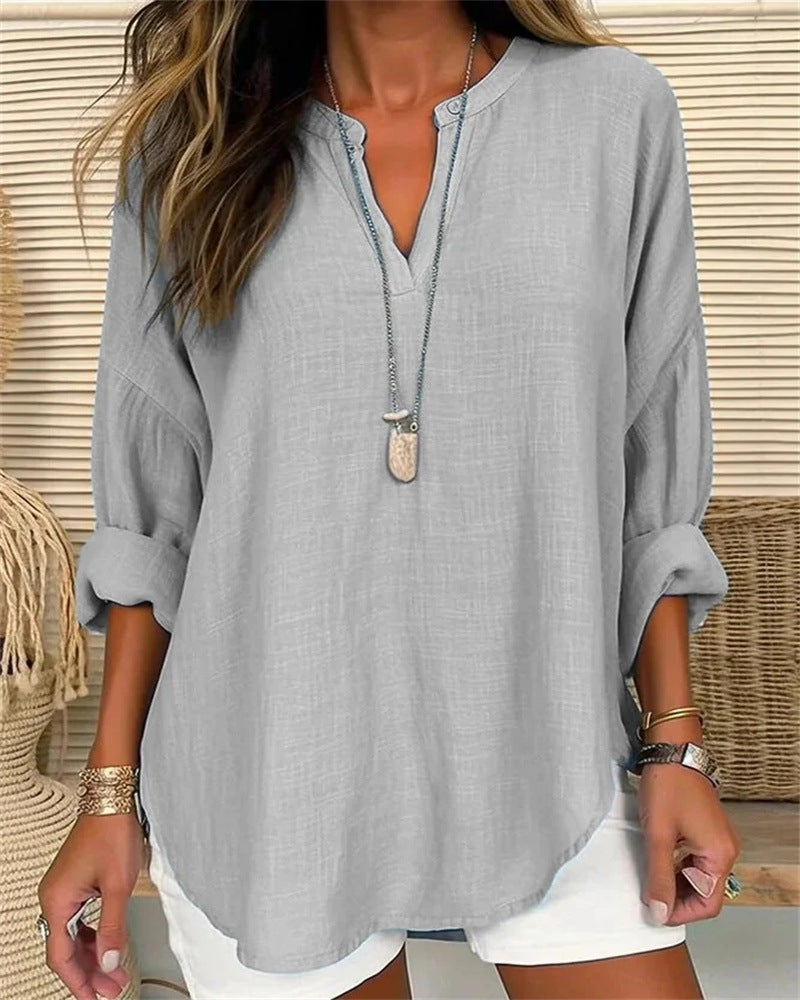 Chemise Femme Manches Longues En Coton Lin Coupe Décontractée Col Montant Élégante Pour Tous Les Jours Amawinc