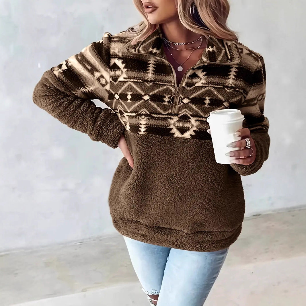 Damen Fleece-Pullover mit modernem Aztekenmuster und Stehkragen Amawinc