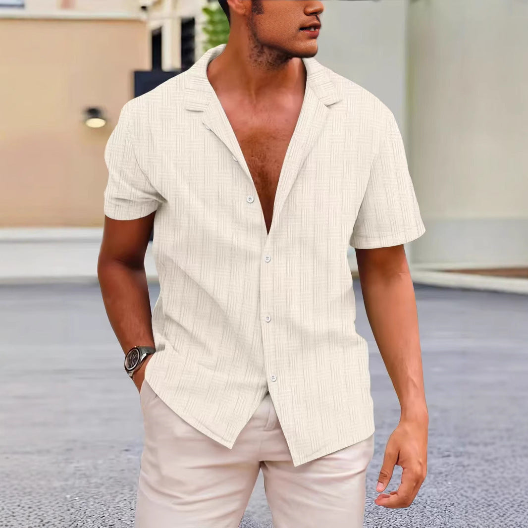 Chemise Homme Amawinc Manches Courtes Coton Lin Mélangé Fermeture À Boutons Coupe Classique