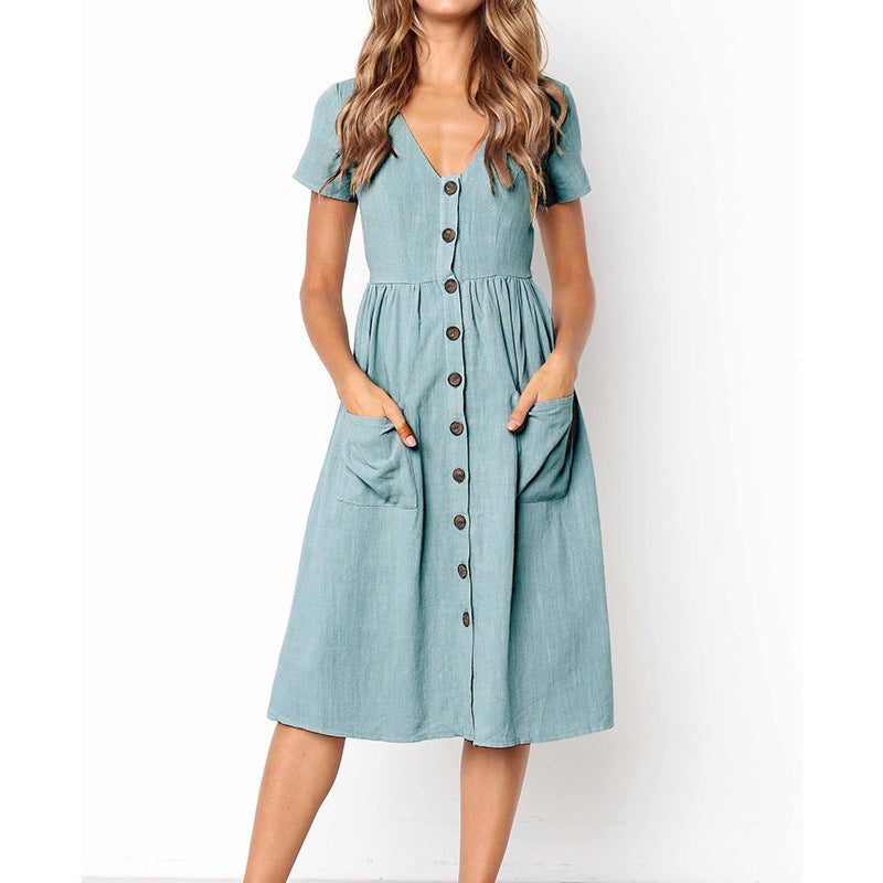 Robe A Line Femme Décolleté En V Boutons Devant Manches Courtes Coton Mélangé Midi Poches Pratiques
