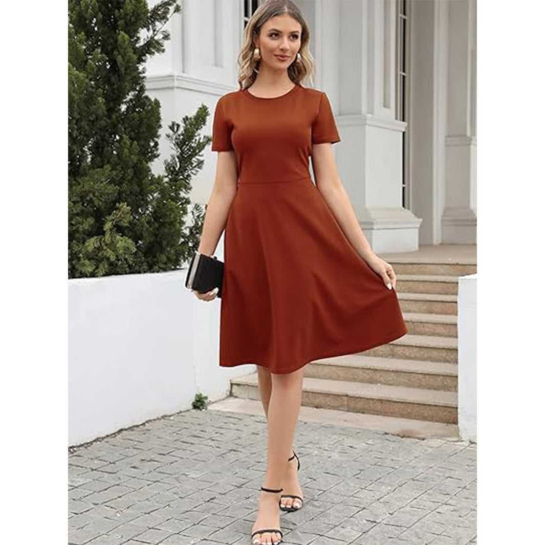Robe Pour Femme Amawinc Coupe Évasée Genou Manches Courtes Col Rond Élégante et Polyvalente