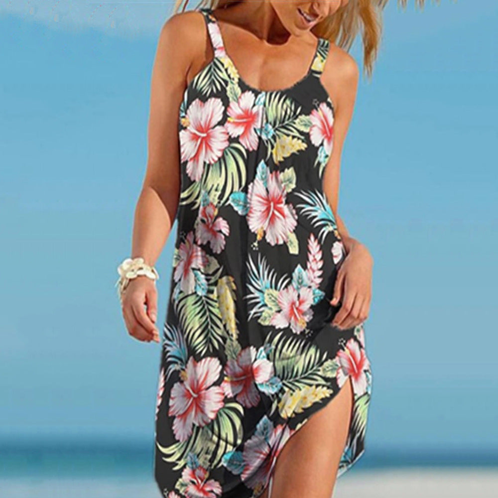 Robe Plage Femme Décontractée Imprimée Floral Sans Manches Avec Fente Latérale Amawinc