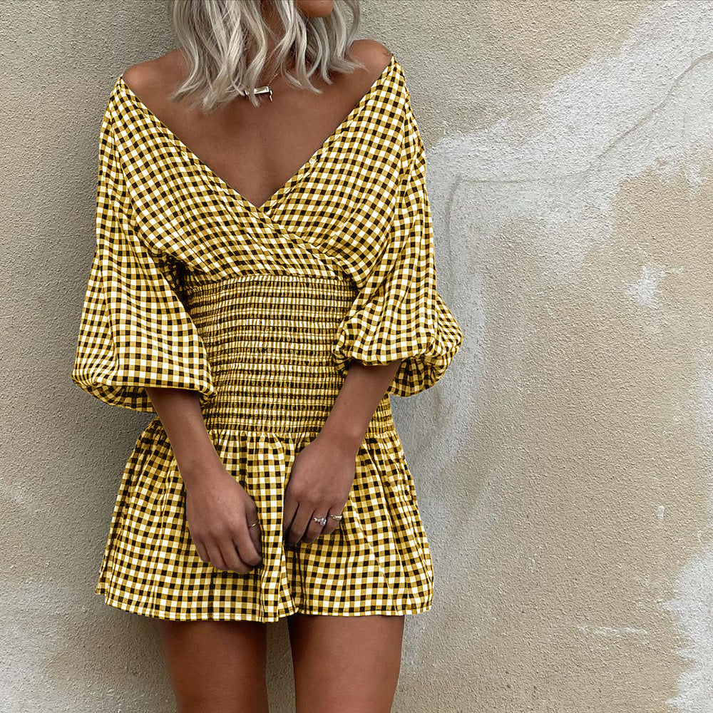 Robe Courte Femme Mélange Coton Col V Manches Bouffantes Taille Smockée Motif Gingham